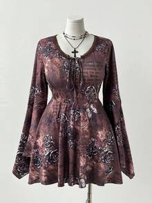 Sweetra Vestido casual de estilo universitario retro para mujer de talla grande, 2025 Nuevo, con cuello en V, abertura y lazo en el pecho, mangas acampanadas, silueta bohemia A-line estilo Y2K, vestido de moda vintage elegante para uso diario, escuela, citas, té de la tarde, vacaciones