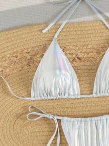 Swim Basics Summer Beach Metallic Halter Triangle Tie Side Bikini Set - Silver - View 5