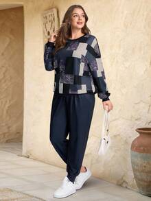 EMERY ROSE Plus Size Casual Color Block Round Neck Long Sleeve Top And Pants 2 Pieces Set,Navy Blue,Autumn,Smart Casual,Everyday Winter Christmas Lounge Outfit - Multicolor - View 6