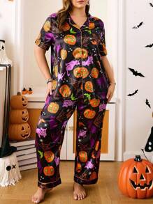 Chillnights Plus Size Halloween Cat & Pumpkin Print Pajama Set, For Halloween Party - Multicolor - View 6