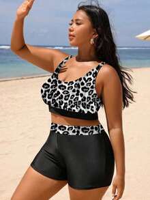 Swim Lushoire 大码豹纹圆脸比基尼套装