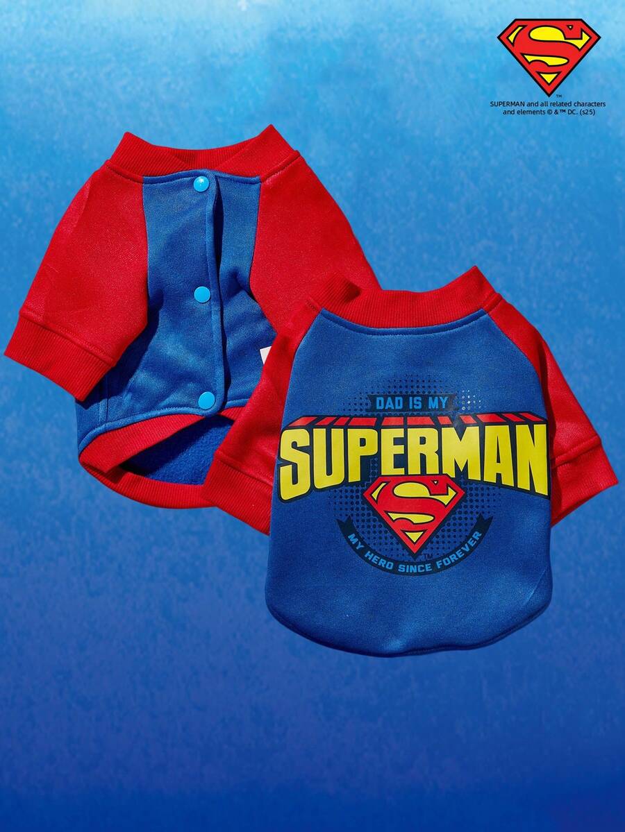 SUPERMAN X PETSIN 1pc Colorblock Raglan Sleeve Graphic Sweatshirt, Fashionable Design Suitable For Pets