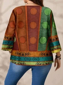 EMERY ROSE Casual Retro Pattern Plus Size Women's Loose Fit Round Neck 3/4 Sleeve Plus Size Printed Shirt, Autumn/Winter Chic Blouses For Women - Apricot - View 3