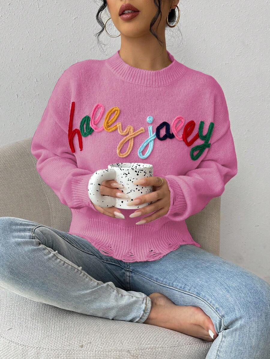 Chiquease Women's Autumn 3D Letter Dropped Shoulder Long Sleeve Loose Casual Sweater Fall Winter Cloth For Women - Pink - View 1