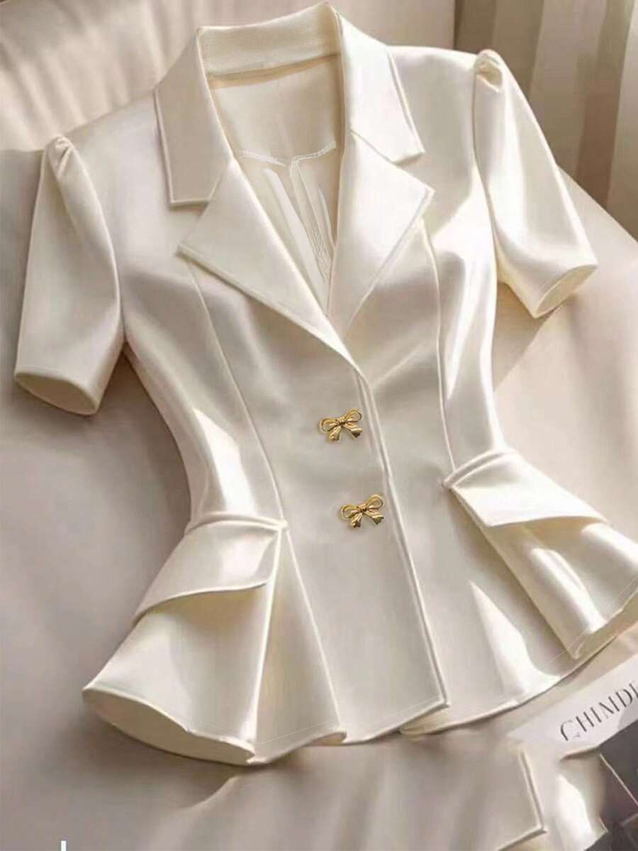 SHEIN Clasi Women's Elegant Commuting Bow Decor Puff Sleeve Shirt - Apricot - View 1