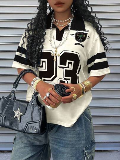 Rovax Plus Size Loose Polo Collar Dropped Shoulder Short Sleeve T-Shirt