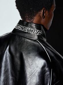 MODCRASH Men's Pu Leather Embroidered Biker Rave Jacket, Boxy Clothing, Streetwear Jacket, Autumn Clothes, Fall, Winter, Winter, Winter - Black - View 5