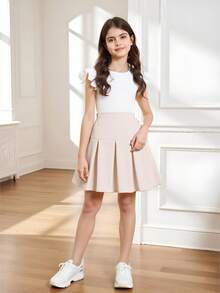 Tween Girl Ruffle Armhole Texture Top And Pleated Skirt Set For Summer,Holiday,Summer,Travel - White - View 7