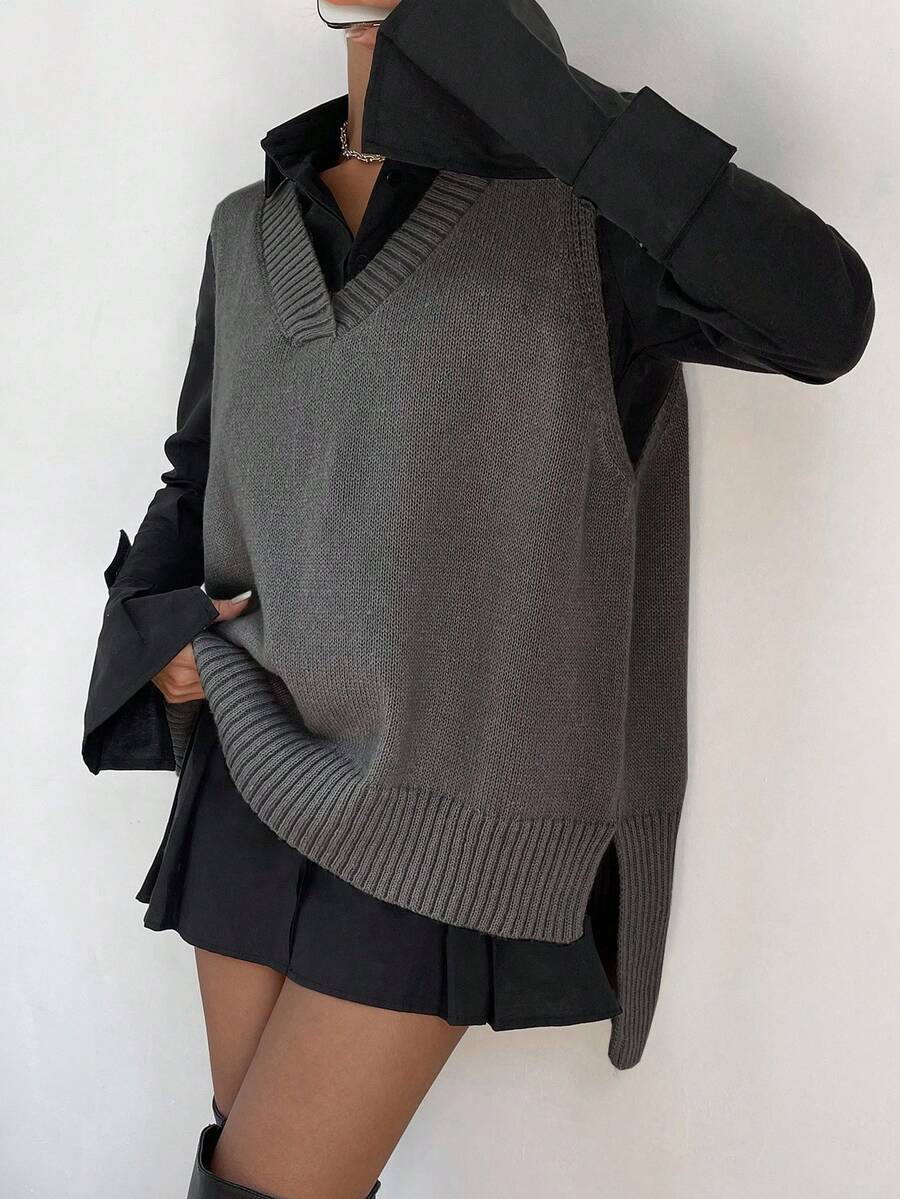 SHEIN Raffinéa 女士纯色 V 领休闲百搭毛衣背心,带侧开衩,女士毛衣 V 领毛衣上衣 - 深灰色 - 查看 1