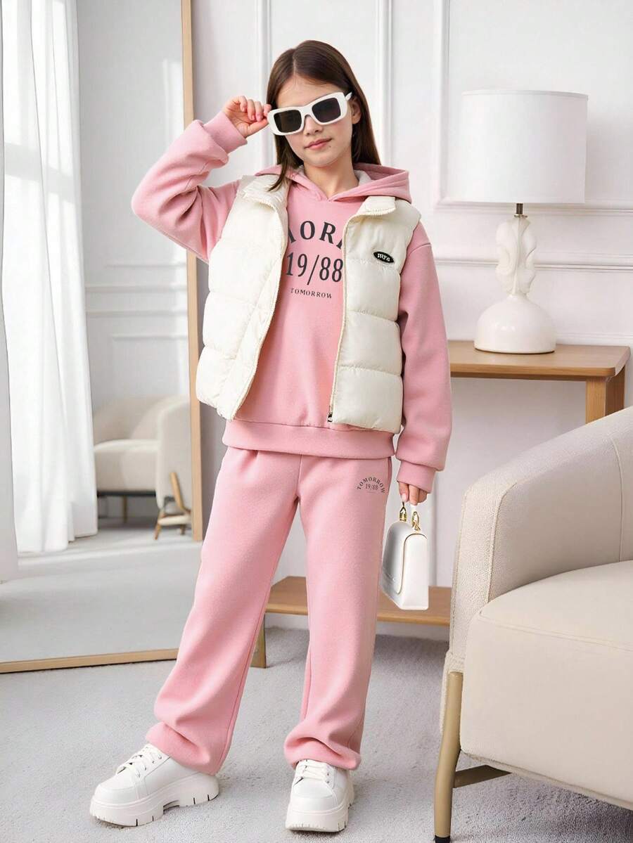 SHEIN 3 件套 Tween Girl 粉色厚上衣、粉色长裤和白色无袖棉服外套套装，适合初中女孩冬季穿着 - 粉色 - 查看 1