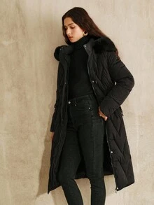 Anewsta 女款长款黑色连帽毛领大衣，束腰，防寒，秋冬 - 黑色 - 查看 6
