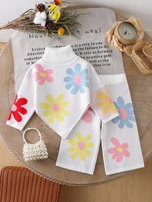 2pcs Baby Girls' Colorful Floral Pattern Asymmetrical Hem Turtleneck Sweater And Knit Wide Leg Pants Set, Cute, Warm, Comfortable And Versatile For Winter Baby Girls Winter Clothes Baby Girls Fall Clothes Baby Girl Fall Outfits Baby Girl Clothes Spring Wildflower Baby Clothes Floral Baby Clothes Baby Flower Outfit Daisy Outfit For Baby - White - View 1