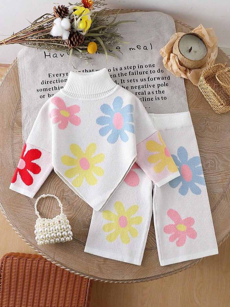 2pcs Baby Girls' Colorful Floral Pattern Asymmetrical Hem Turtleneck Sweater And Knit Wide Leg Pants Set, Cute, Warm, Comfortable And Versatile For Winter Baby Girls Winter Clothes Baby Girls Fall Clothes Baby Girl Fall Outfits Baby Girl Clothes Spring Wildflower Baby Clothes Floral Baby Clothes Baby Flower Outfit Daisy Outfit For Baby - White - View 1
