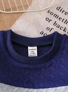 SHEIN 男婴春秋季两件套，蓝白灰拼接圆领长袖上衣搭配仿牛仔裤，活泼的廓形展现宝宝的俏皮可爱。适合外出、休闲穿着和派对等场合，让宝宝在任何场合都时尚有型。男婴两件套，男婴牛仔套装，男婴休闲套装，秋冬季 - 彩色 - 查看 3