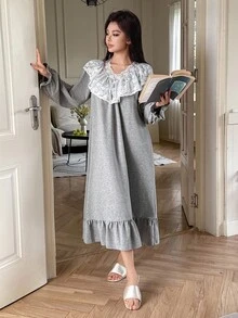 DAZY Romantic Lace Patchwork Ruffle Hem Loose Long Women Nightgown, Fall Pajama - Grey - View 5