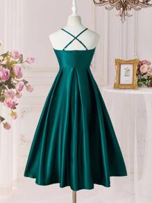 Tween Girl Spaghetti Strap Square Neck Backless Asymmetric Ruffle Hem Waist Cinched Elegant Dress For School, Wedding, Party - Green - View 6