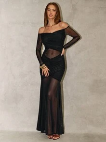 SHEIN BAE Gaun Maxi Bodycon Hitam Elegan Lengan Panjang Tanpa Bahu, Model Ekor Ikan untuk Acara Malam Musim Gugur, Sempurna untuk Pesta, Koktail & Acara Khusus - Hitam - View 3
