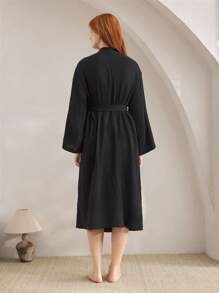 Ocili Áo choàng tắm nhiều lớp ren cotton mềm mại dành cho nữ, đồ ngủ thoải mái, đồ mặc nhà, cho mùa thu và mùa đông, trang phục ấm áp - màu đen - Xem 3