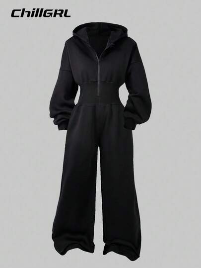 SHEIN Tween Girl Hooded Zip-Up Sweatshirt And High Waisted Thermal Lined Pants Jumpsuit