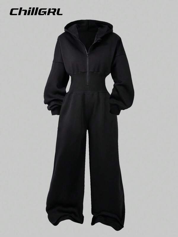 SHEIN Tween Girl Hooded Zip-Up Sweatshirt And High Waisted Thermal Lined Pants Jumpsuit