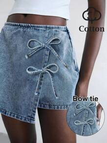 Maija 女式休闲时尚街头风格蝴蝶结装饰不规则下摆牛仔迷你裙，夏季 - 中等水洗藍 - 查看 3