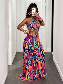 BamGleam 女式无袖镂空金属环装饰高开衩日落长裙 - 彩色 - 查看 6