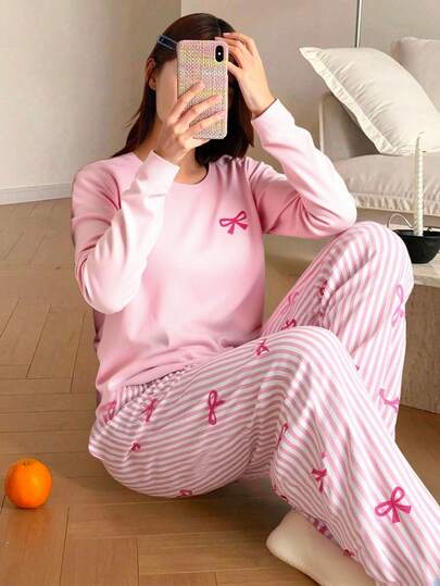 2 st/set tonårsflickor elegant casual enfärgad rosa rosettdekor rund hals långärmad topp och randiga byxor loungewear-set