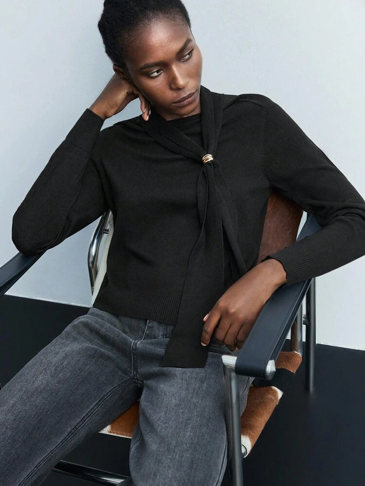 SHEIN Maija Black Ribbon Collar Metal Buckle Decor Long Sleeve Fitted Women Knit Top Black Stylish Clothing Collection Christmas Clothes Elegant Blouses For Women  Women's Social Blouse Christmas