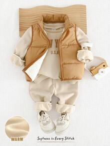 Cozy Pixies 3pcs Baby Boy Thickened Cotton Vest, Soft Letter Print Crew Neck Long Sleeve Hoodie, And Thermal Lined Pants With Cuffs Set Baby Set Autumn Winter Season Mocha Baby Clothes Baby Clothes Neutral Baby Boy Beige Outfit Fall - Multicolor - View 1