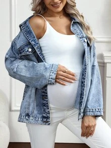 SHEIN 孕妇休闲水洗前扣牛仔夹克，秋季