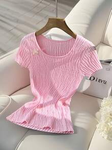 SHEIN LUNE Women's Asymmetrical Ribbed U-Neck Knit Top, Fitted Short Sleeve - Pink - View 1