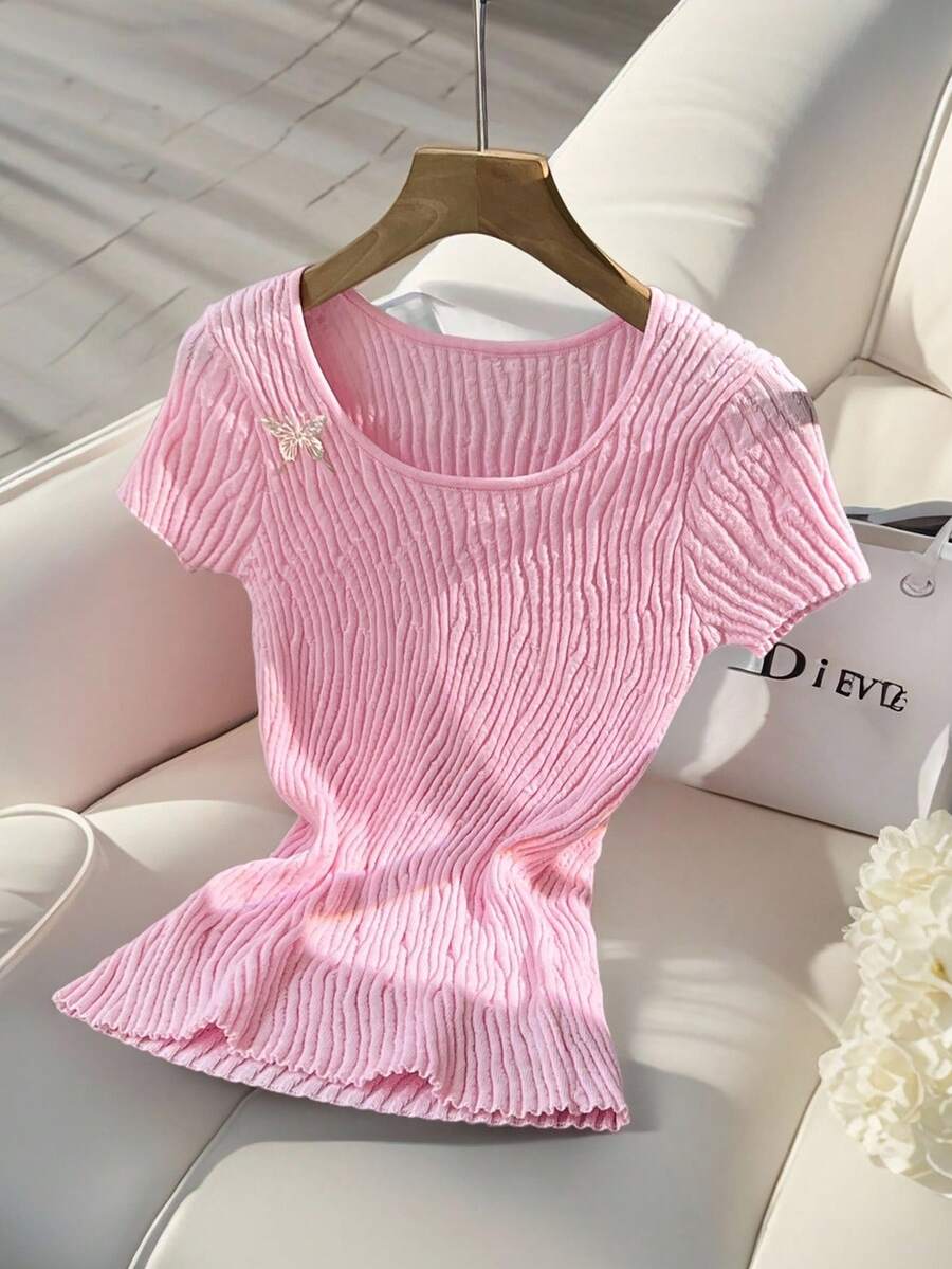 SHEIN LUNE Women's Asymmetrical Ribbed U-Neck Knit Top, Fitted Short Sleeve - Pink - View 1