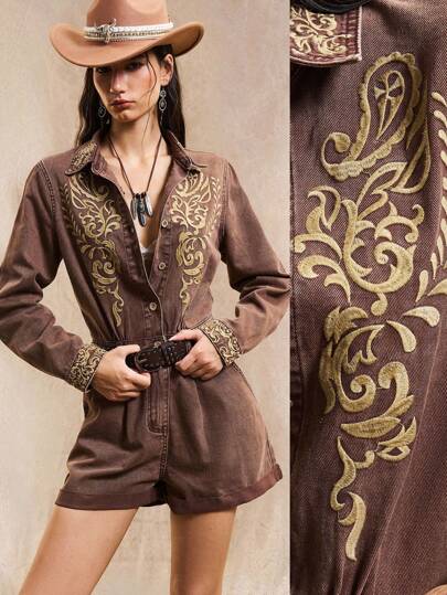 Easelle 女式复古时尚卷边休闲牛仔连体裤，带肩带，长袖