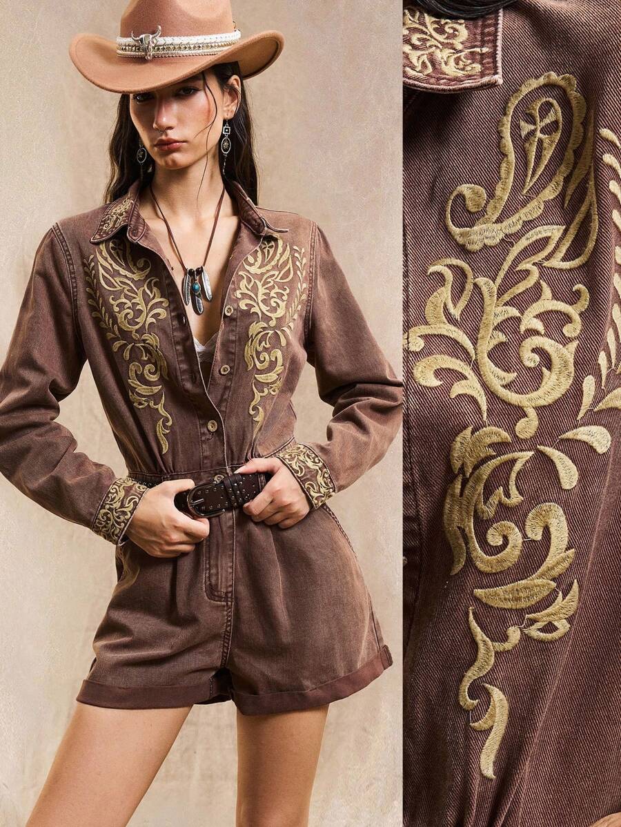 Easelle جمبسوت جينز كاجوال للنساء بطراز كلاسيكي مع حمالات وأكمام طويلة، حافة مطوية - بني - مشاهدة 1
