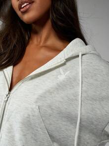 Missguided x Playboy Heather Grey Zip Through Hoodie With Eyelet Detail And Drawstring For Casual Comfort - Light Grey - View 5