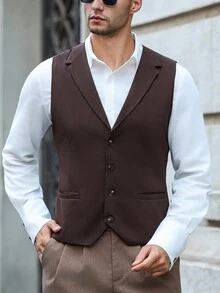 Manfinity Bizformal 男士纯色前扣商务西装马甲棕色背心男男士马甲背心男士无袖马甲棕色西装马甲 - 咖啡棕 - 查看 3