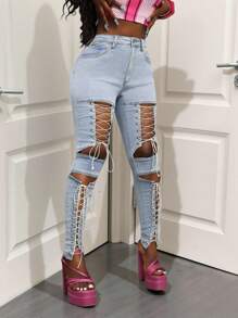 SHEIN BamGlam Jeans ajustados de moda con diseño de corte hueco y cintura alta con lazo para mujer