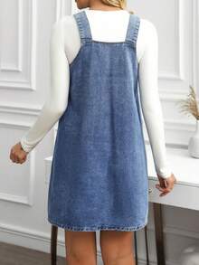 SHEIN LUNE Women's V-Neck Sleeveless Pocket Simple Casual Short Denim Dress - Blue - View 6
