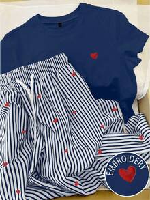 INAWLY 2pcs Women Heart Embroidery T-Shirt & Striped Heart Print Pants Set - Royal Blue - View 1