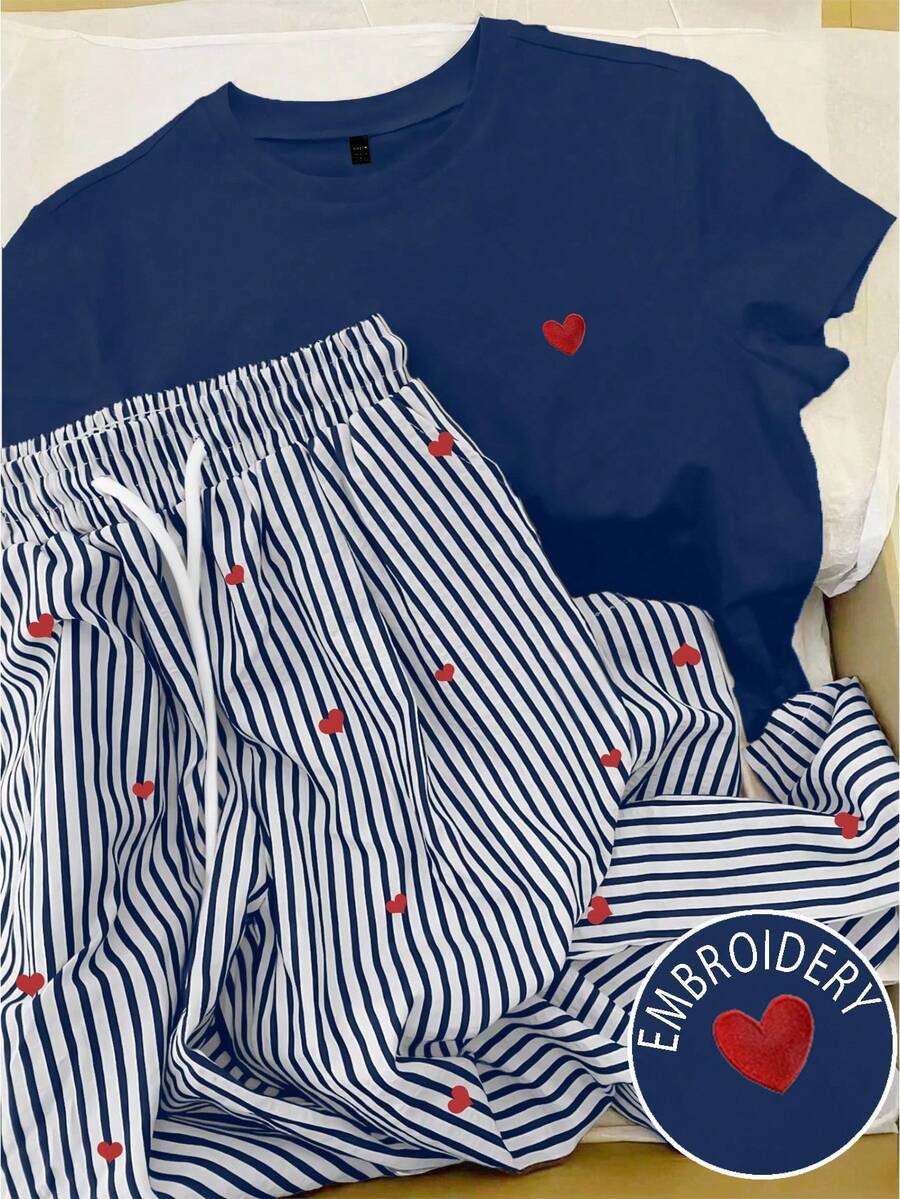 INAWLY 2pcs Women Heart Embroidery T-Shirt & Striped Heart Print Pants Set - Royal Blue - View 1