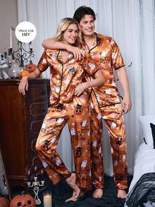 CoupledUp Halloween Themed Print Faux Silk Men Pajama Set - Orange - View 5