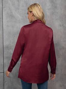 EMERY ROSE Áo sơ mi dài tay trơn màu đơn giản, đa năng cho mùa xuân và mùa thu - Màu Đỏ Sâu - Xem 2