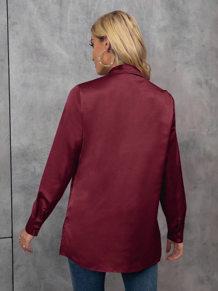 EMERY ROSE Camisa de manga larga de unicolor casual, versátil para primavera y otoño - Burdeos - Añade 2