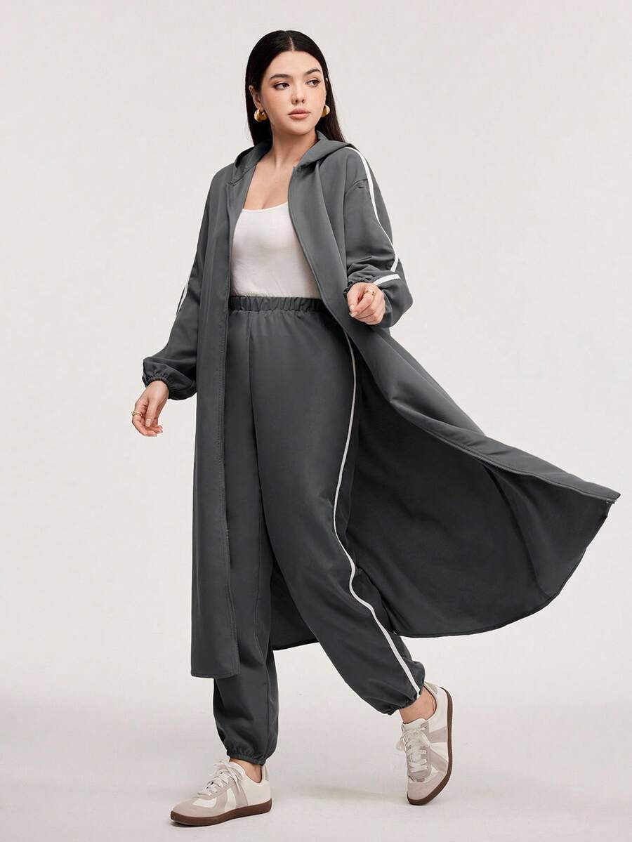 Veilorie 2 件套女士运动休闲拼色拉链连帽夹克和抽绳裤套装，秋季 2 件套 - 灰色 - 查看 1