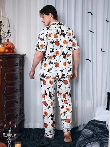 CoupledUp Halloween Pumpkin, Ghost, Magic Cat Print Casual Men Polo Collar Pajama Set - White - View 6