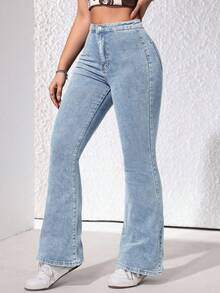 SHEIN ICON 休闲水洗修身喇叭牛仔裤 - 淺色水洗藍 - View 4