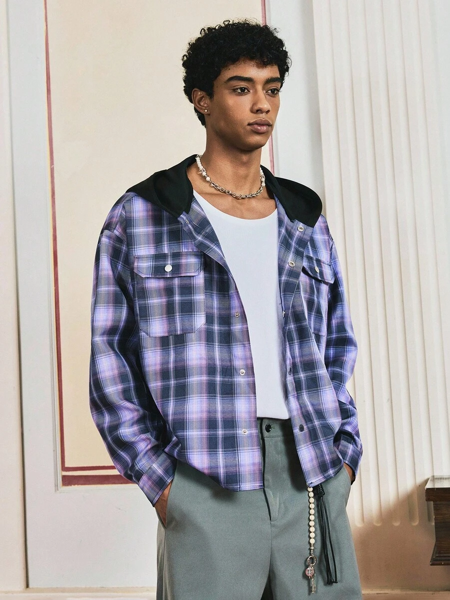 SWAVVY Men's Woven Plaid Casual Long Sleeve Hooded Shirt, For Fall