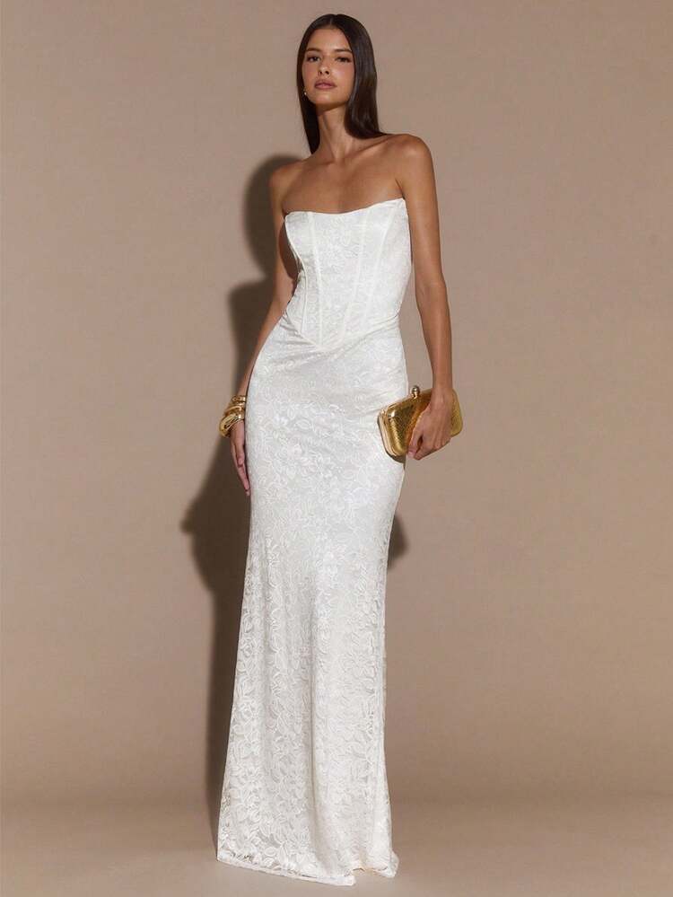 white lace dress shein SHEIN BAE White Elegant Lace Trim Fitted Dress, Formal Occasion Long Dress,  Bridesmaid Dress, Birthday Party Dress,Wedding Guest Dress Women