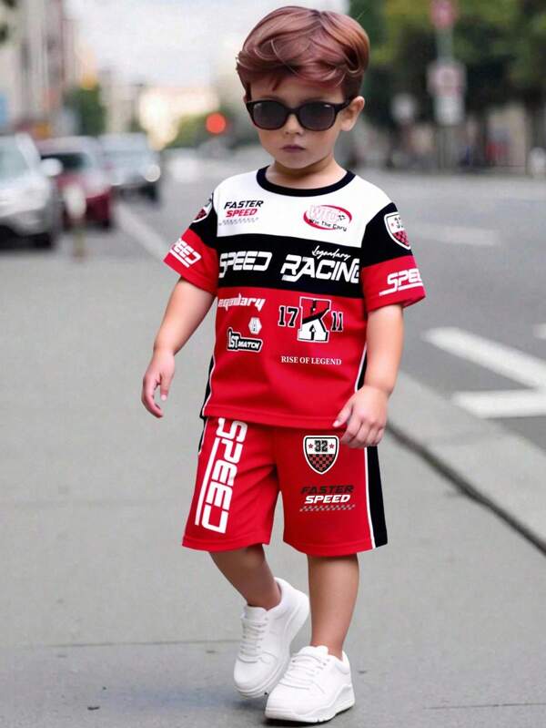 SHEIN Playful Pals Baby Boys Racing-Themed Tee And Shorts Set For Active And Stylish Summer Outfits Race Car Toddler Outfit Baby Boy Racing Outfit