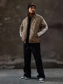 ROMWE MEN Street Life 男士秋季侧条纹拉链领休闲豹纹夹克 - 軍綠色 - 查看 6